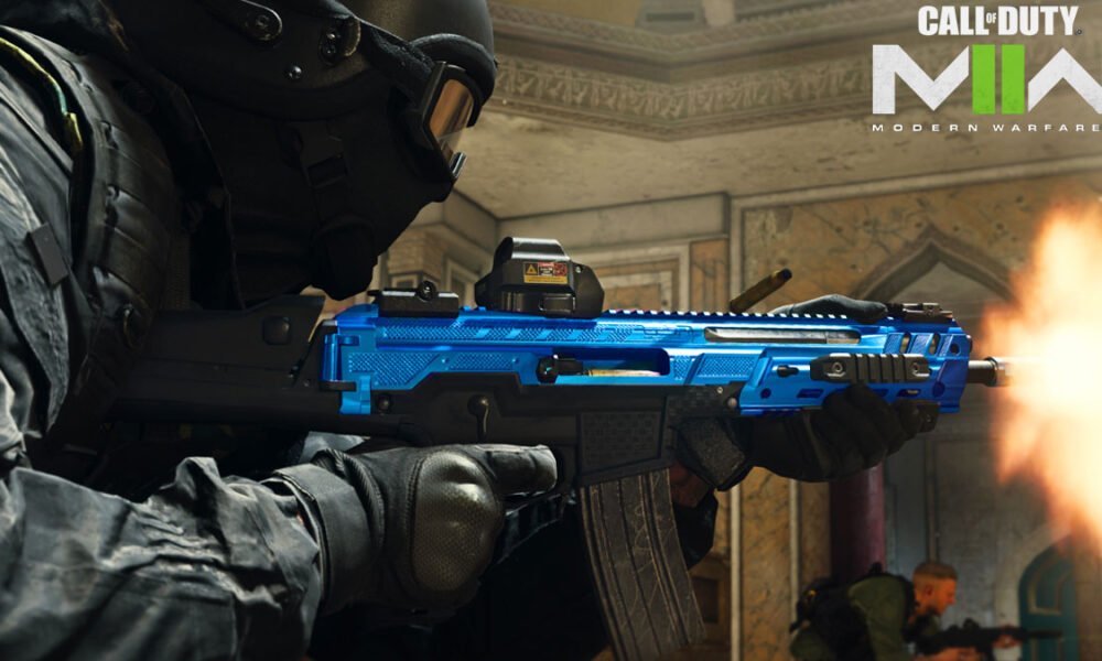 Modern Warfare player with blue camo on weapon