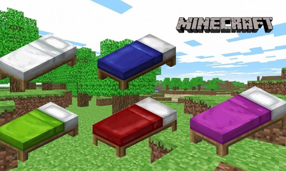 Red, Blue, Green, and White beds in Minecraft