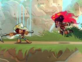 Brawlhalla characters fighting with a hammer and fire