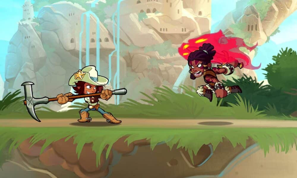 Brawlhalla characters fighting with a hammer and fire