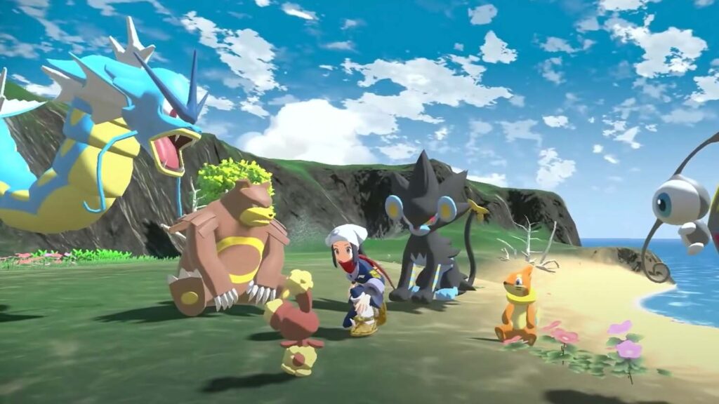 Entrenador sentado con Luxray, Gyarados, Ursaring y otros Pokémon