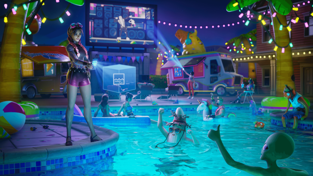 Personajes de Fortnite nadando en una piscina