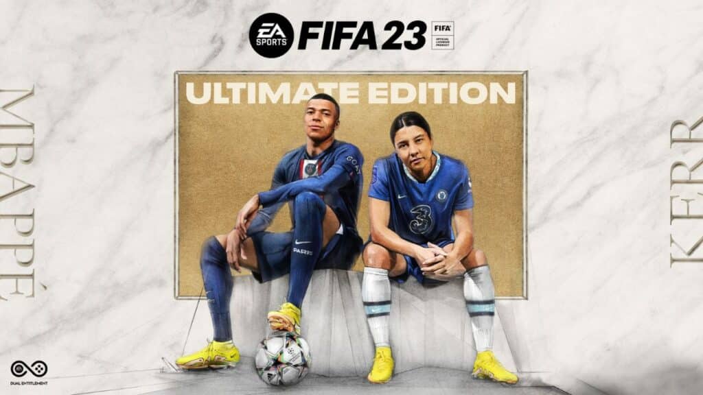 Portada de FIFA 23 Ultimate Edition con Mbappé y Kerr