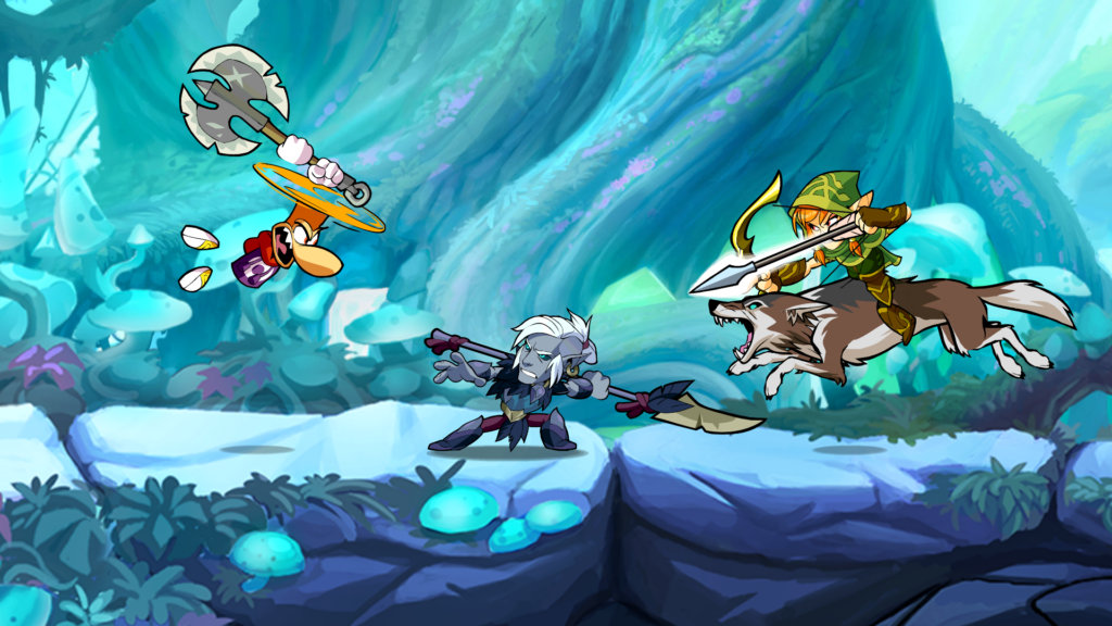 Tres personajes de Brawlhalla peleando con armas