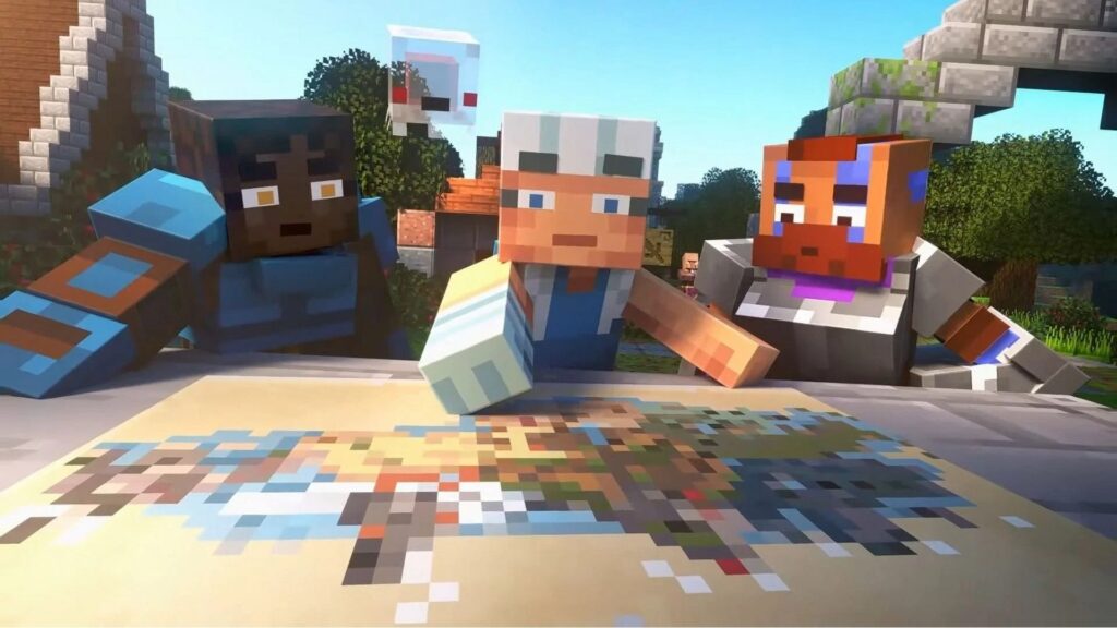 Tres personajes de Minecraft Dungeons mirando un mapa