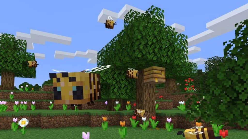 Llanuras de Minecraft con abejas y flores.