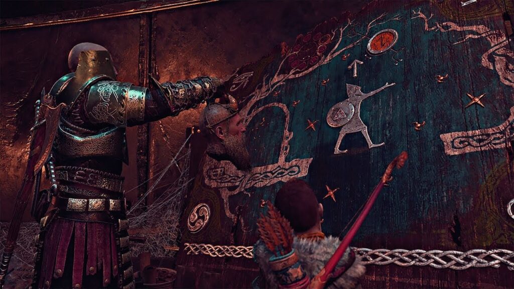 Kratos y Atreus mirando el arte de Tyr en God of War