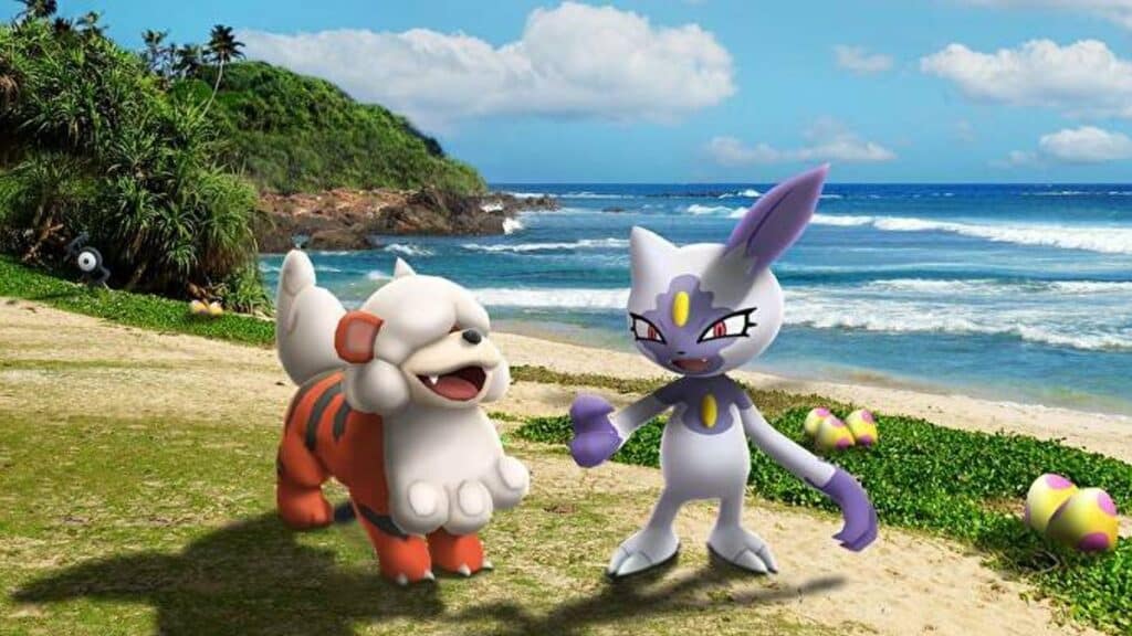 Hisuian Growlithe y Weavile cerca de una playa