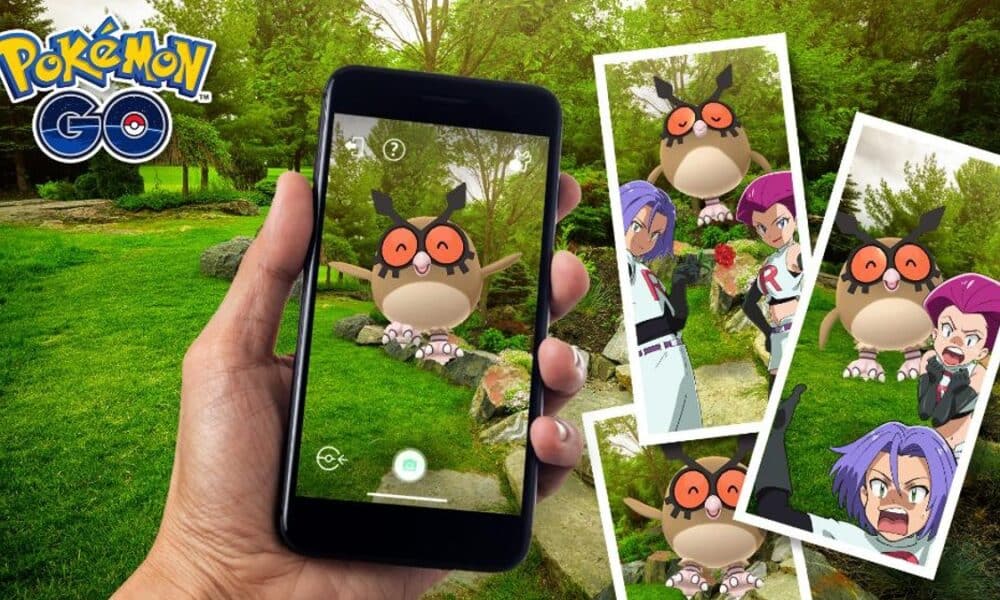 Pokemon Go snapshots of Hoothoot, Jessie, and James