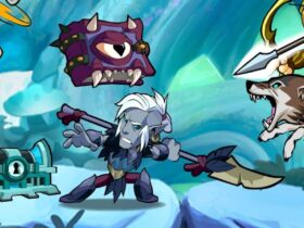 Brawlhalla character with a spear fighting a wolf