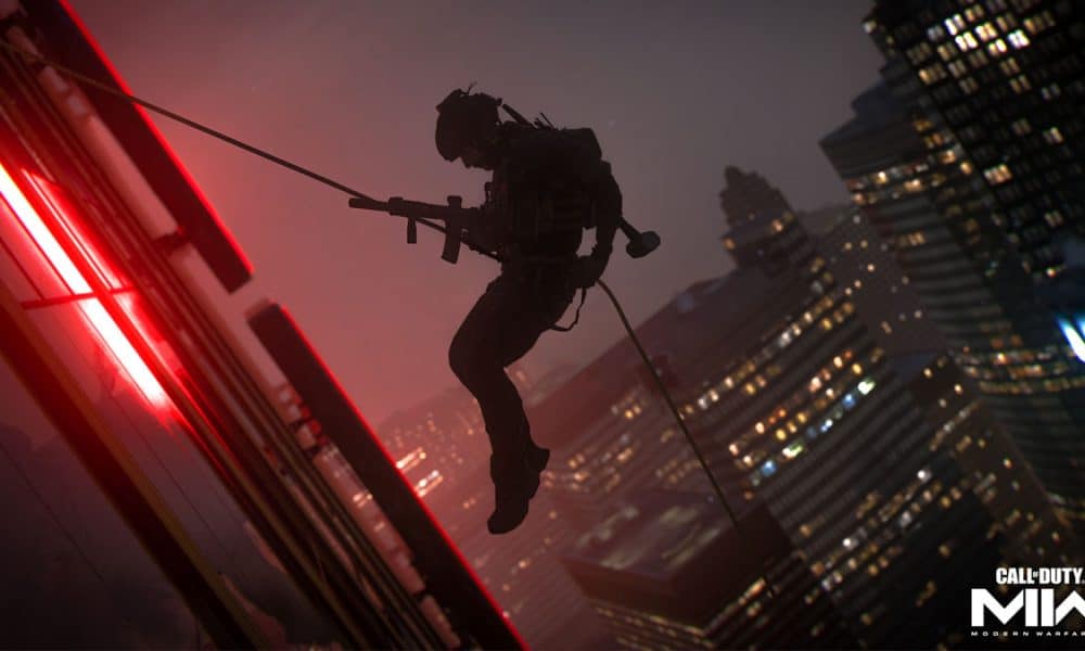 Modern Warfare 2 operator rappelling down building