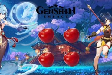 Four apples, Ganyu, and Xiangling in Genshin Impact