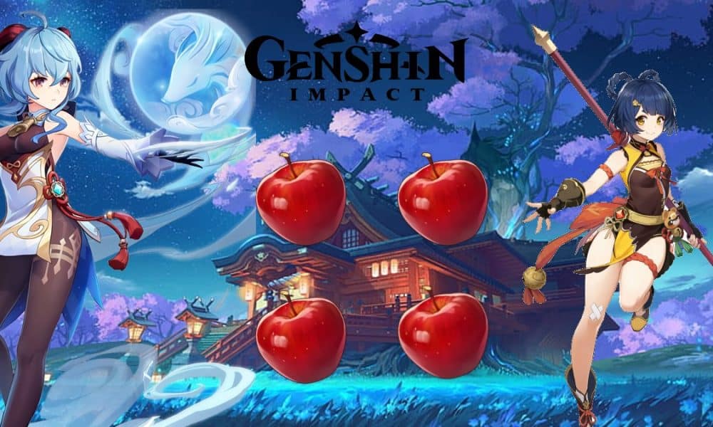 Four apples, Ganyu, and Xiangling in Genshin Impact