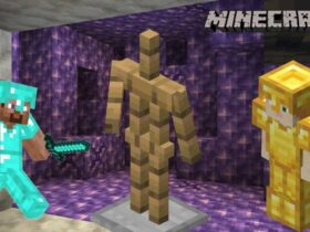 An armor stand, Gold armor, and Diamond armor in Minecraft