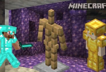 An armor stand, Gold armor, and Diamond armor in Minecraft