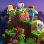 Minecraft characters and animals on a cliff