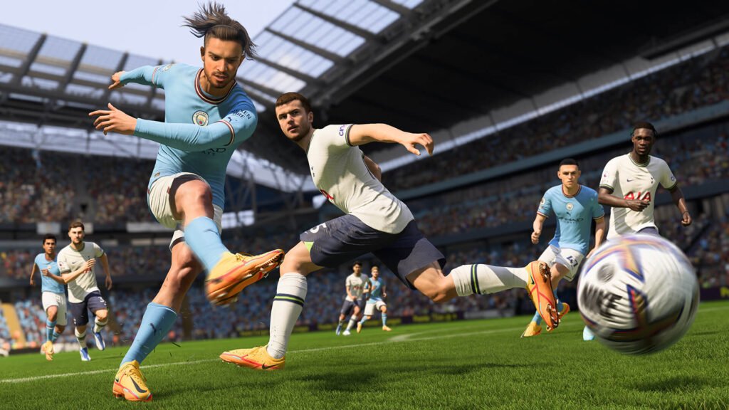 Jack Grealish del Manchester City golpeando el balón en FIFA 23