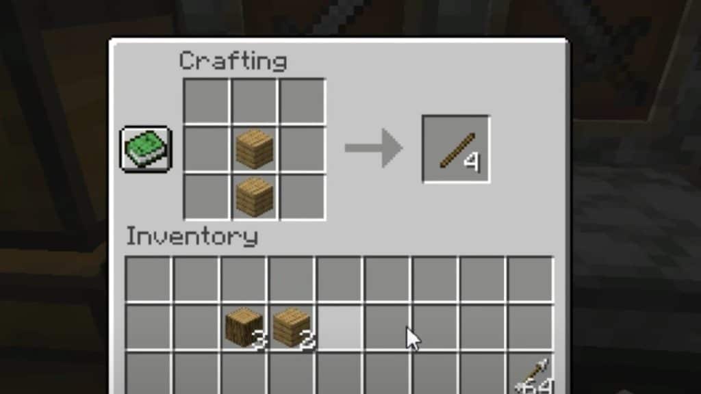 Receta de elaboración de palos en Minecraft