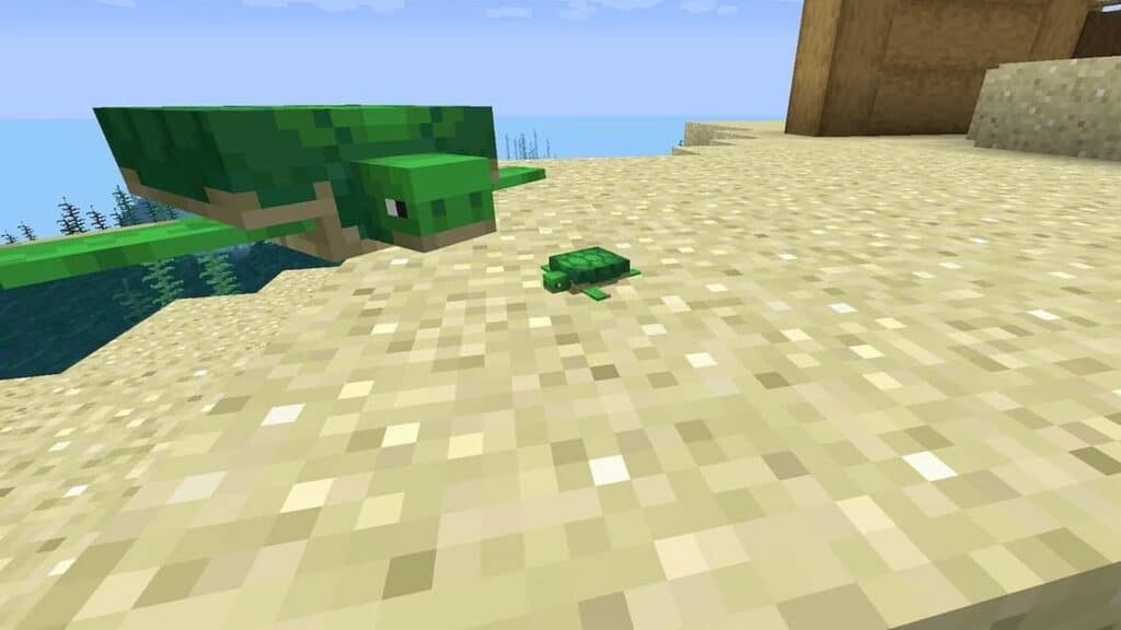 Una tortuga adulta con un bebé en una playa de Minecraft