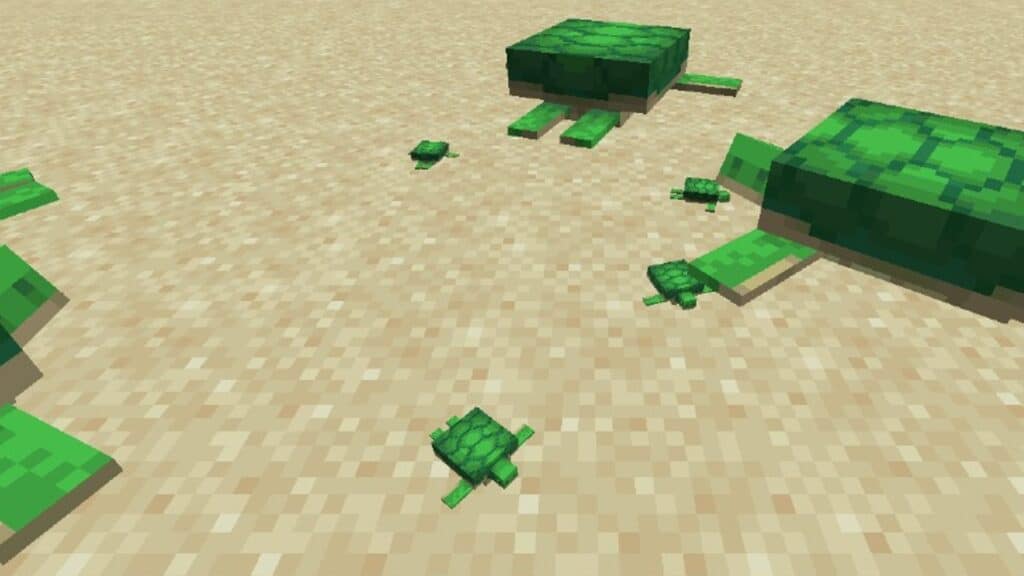 Una familia de tortugas adultas y bebés en Minecraft