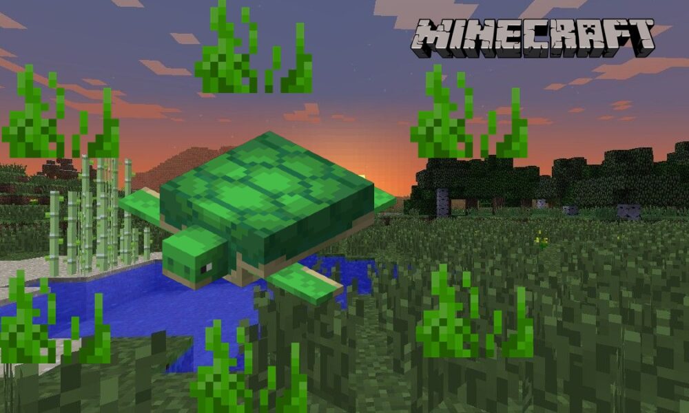 A Minecraft turtle with seagrass