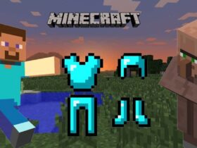 Steve, a Villager, and Diamond Armor in Minecraft