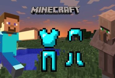 Steve, a Villager, and Diamond Armor in Minecraft