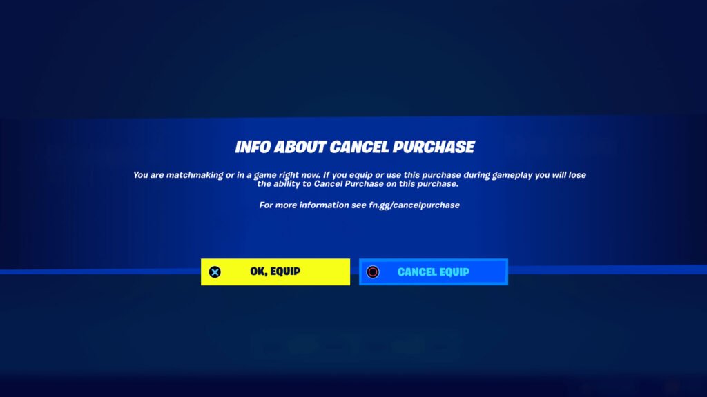 Pantalla de cancelación de compra de Fortnite