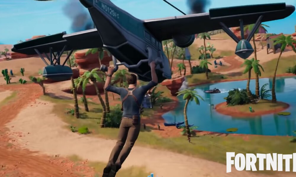 nathan drake using sullys seaplane glider in fortnite