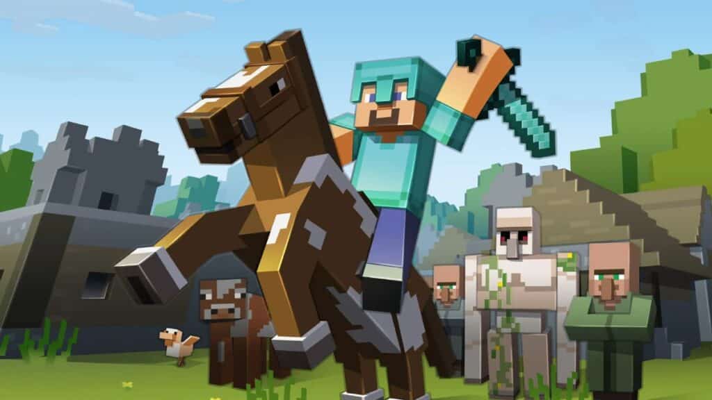 Personaje de Minecraft con armadura de diamante montando a caballo