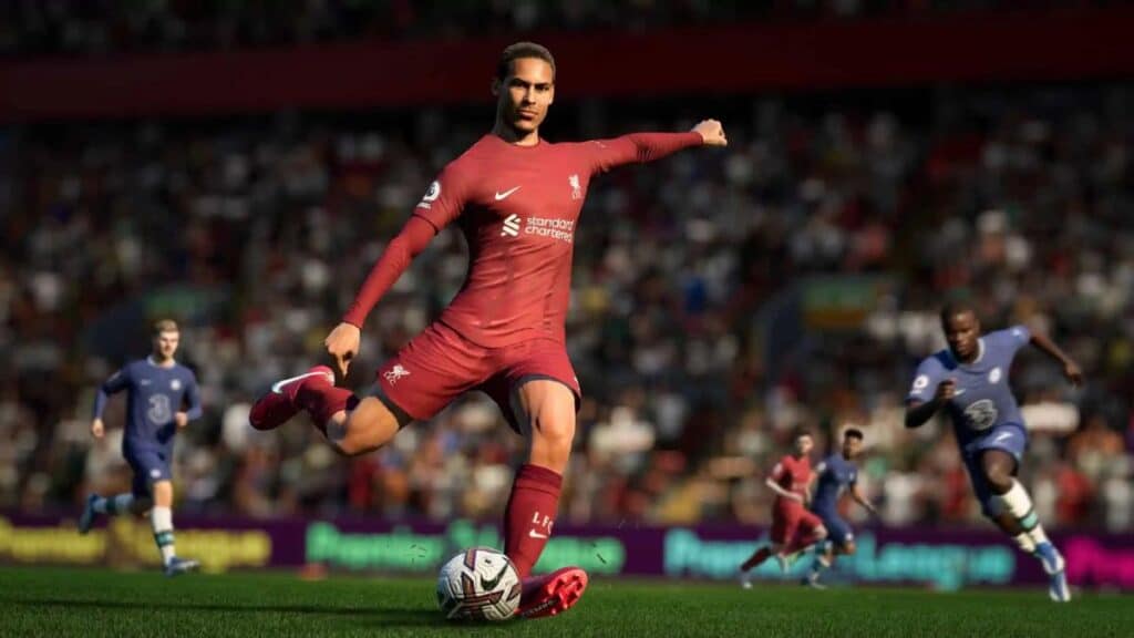 Virgil Van Dijk pateando el balón en FIFA 23