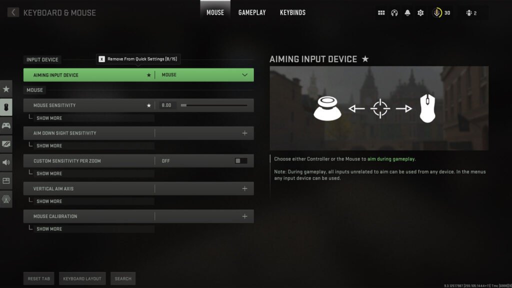 Página de configuración de sensibilidad del teclado del mouse de Modern Warfare 2