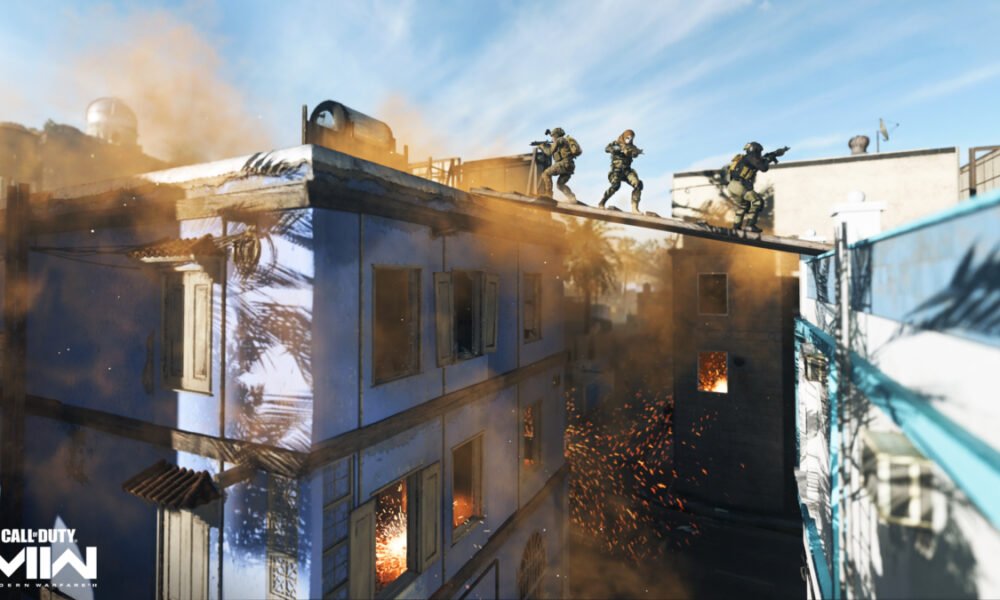 modern warfare 2 operators crossing buildings on rooftops