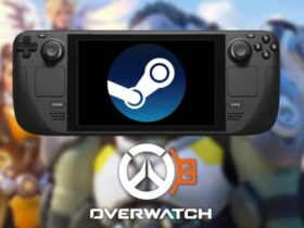 steam deck with steam and overwatch 2 logos