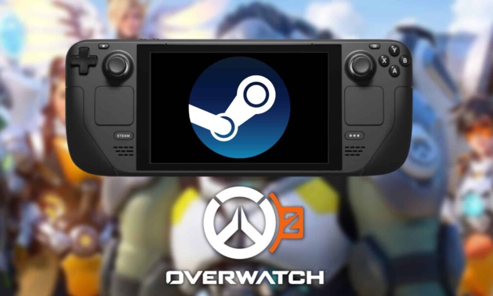 steam deck with steam and overwatch 2 logos