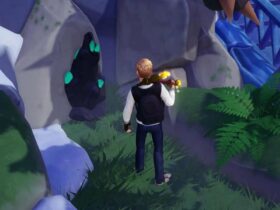 Disney Dreamlight Valley player using a pickaxe near Emeralds