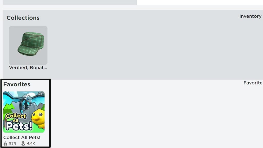 Sección de favoritos en el perfil de un jugador de Roblox