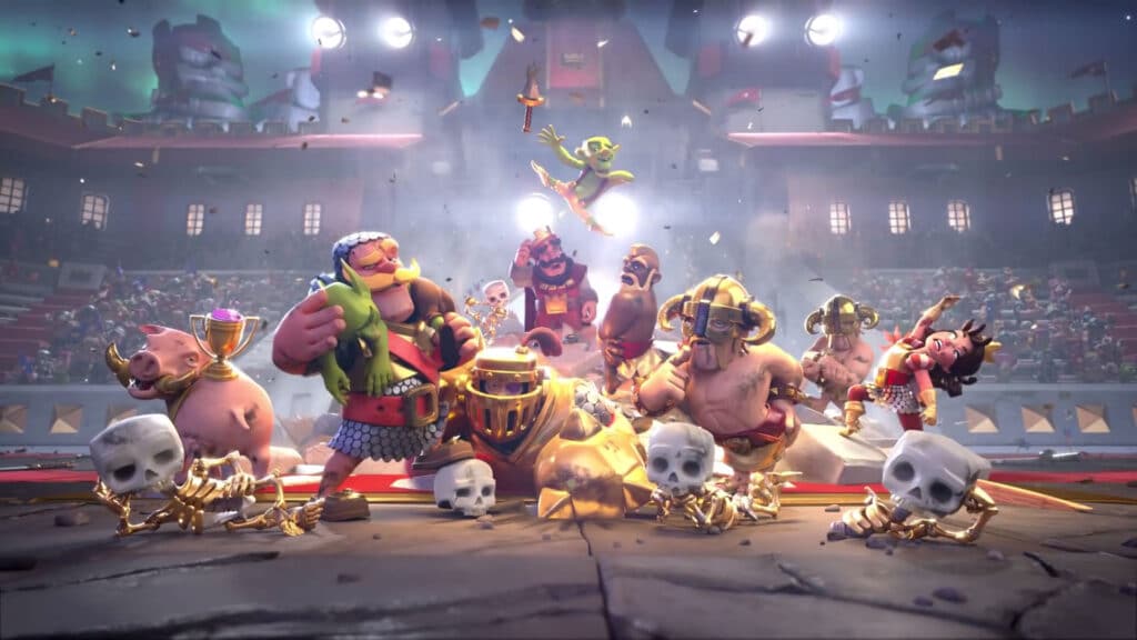 Personajes de Clash Royale en un estadio repleto