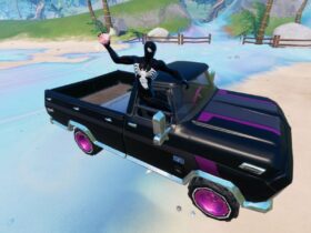 Fortnite character throwing candy from a vehicle