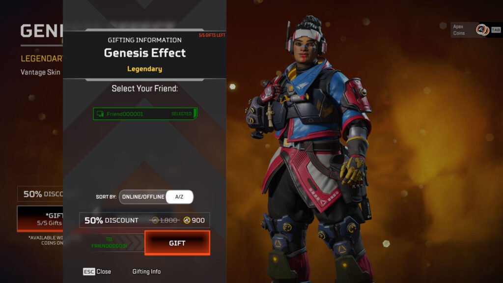 Pantalla del menú de regalos de Apex Legends