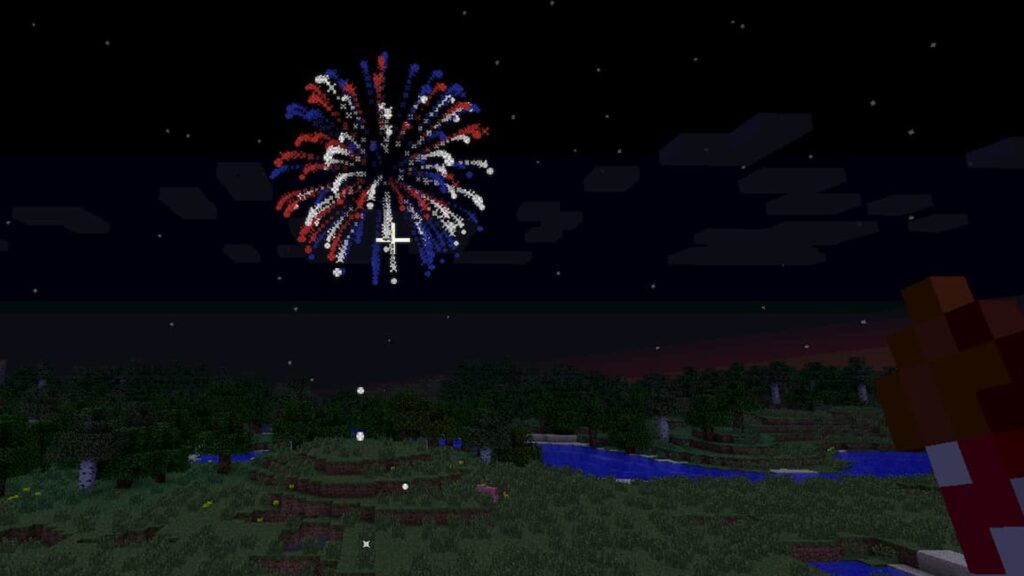 Explosión de fuegos artificiales en Minecraft por la noche