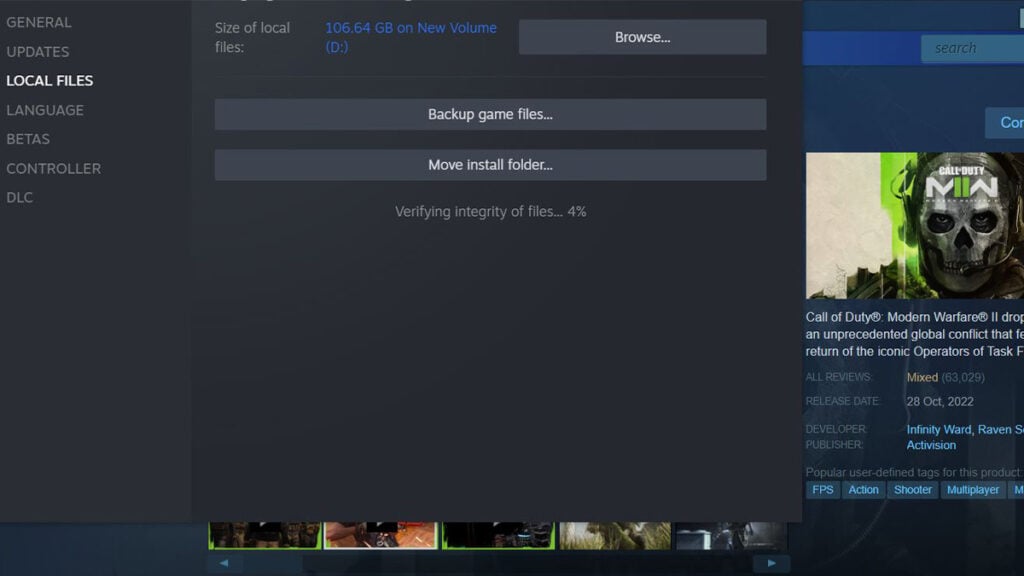Verificando los archivos del juego Modern Warfare 2 en Steam