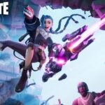 Jinx in Fortnite shooting a laser weapon