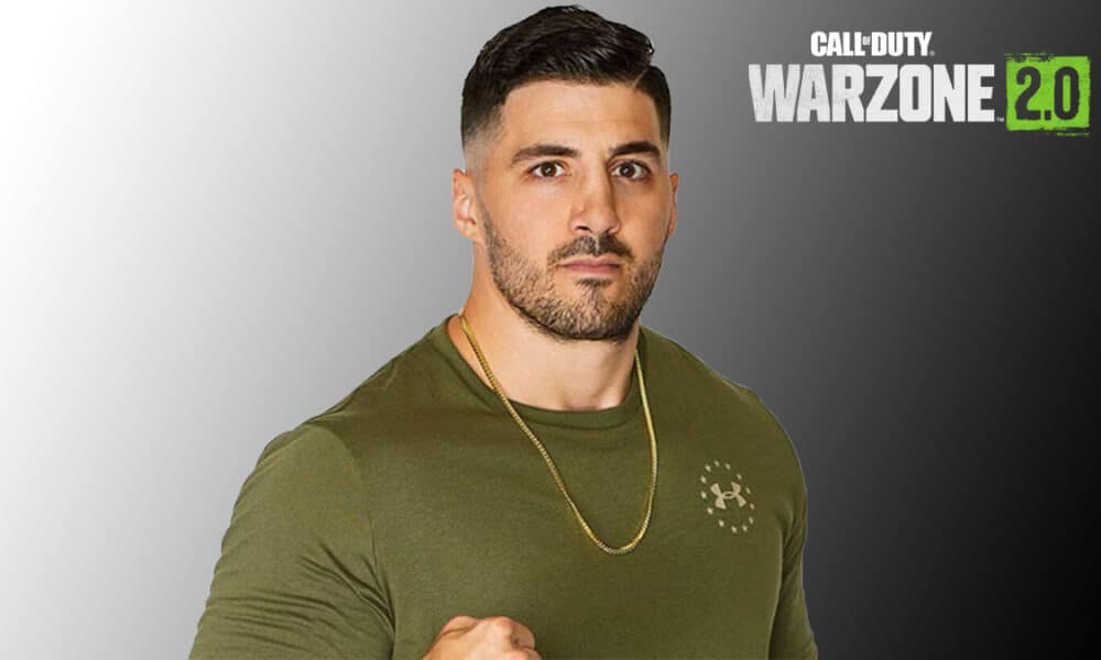 NICKMERCS standing with Warzone 2 logo