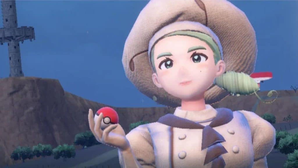 katy sosteniendo poke ball en pokemon escarlata y violeta