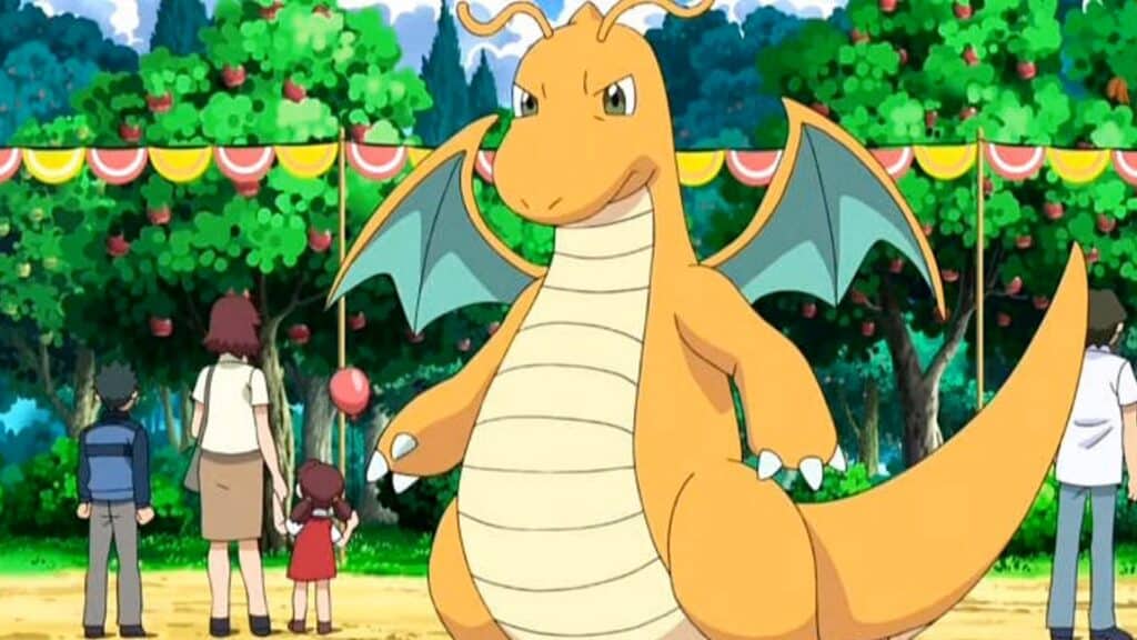 Dragonite frunciendo el ceño en el anime de Pokémon