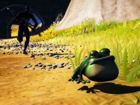 Fortnite character chasing frog