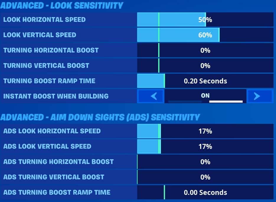 Sensibilidad de apariencia y ADS en la configuración de Fortnite