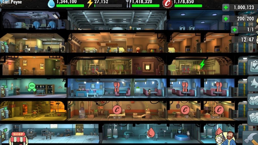 Diferentes habitaciones en la Bóveda en Fallout Shelter