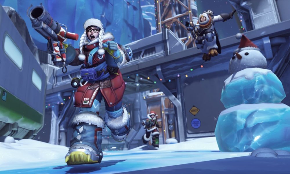 mei running away in overwatch 2 winter wonderland